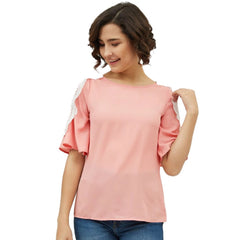 Mayawye Women's Polyester Lace Inserts Cold Shoulder Top (Pink)