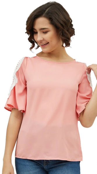 Mayawye Women's Polyester Lace Inserts Cold Shoulder Top (Pink)