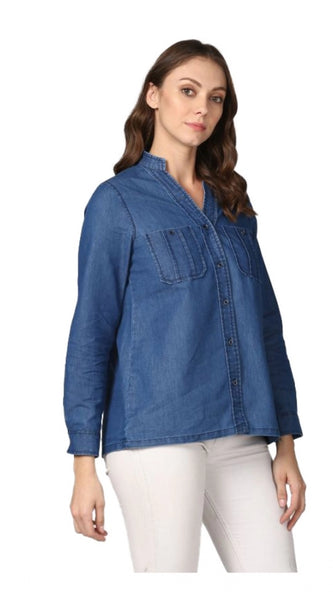 Mayawye Women's Denim Solid Long Sleeves Top (Blue)