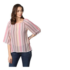 Mayawye Women's Polyester Striped 3-4th Sleeves Top (Pink)