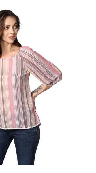 Mayawye Women's Polyester Striped 3-4th Sleeves Top (Pink)