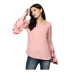 Mayawye Women's Polyester Solid Tier Sleeve Top (Pink)