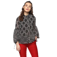 Mayawye Women's Polyester Printed Balloon Sleeve Top (Black - White)