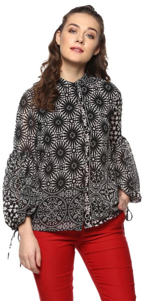 Mayawye Women's Polyester Printed Balloon Sleeve Top (Black - White)