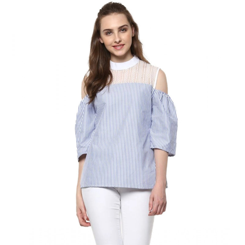 Mayawye Women's Cotton Striped Cold Shoulder Top (Blue)