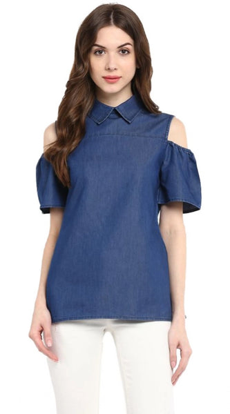 Mayawye Women's Denim Solid Cold Shoulder Regular Top (Blue)