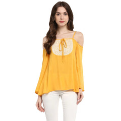 Mayawye Women's Rayon Embellished Cold Shoulder Regular Top (Mustard Yellow)