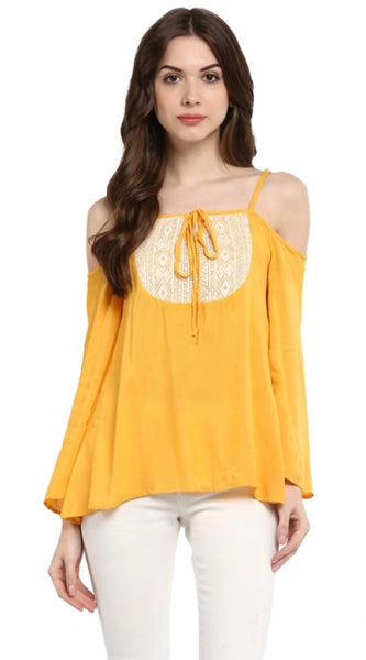 Mayawye Women's Rayon Embellished Cold Shoulder Regular Top (Mustard Yellow)