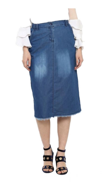 Mayawye Women's Denim Washed Buttoned Skirt (Blue)
