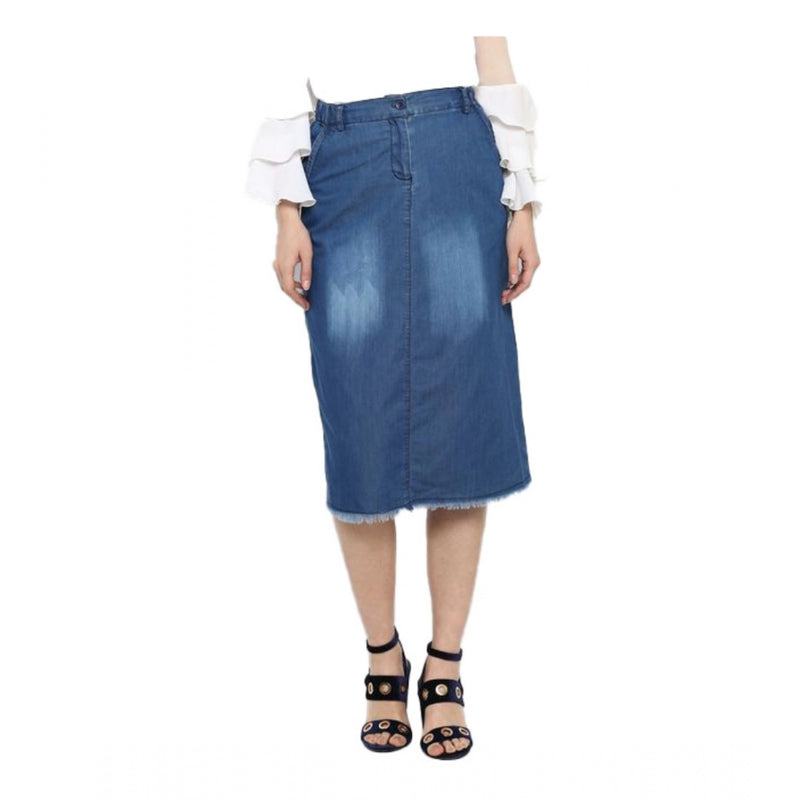Mayawye Women's Denim Washed Buttoned Skirt (Blue)