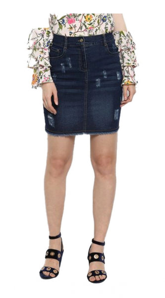 Mayawye Women's Denim Distressed Buttoned Skirt (Blue)