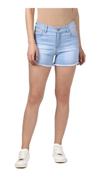 Mayawye Women's Denim Solid Buttoned Shorts (Blue)