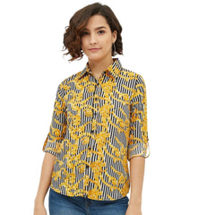 Mayawye Women's Polyester Printed Roll Up Sleeve Standard Length Shirt (Mustared)
