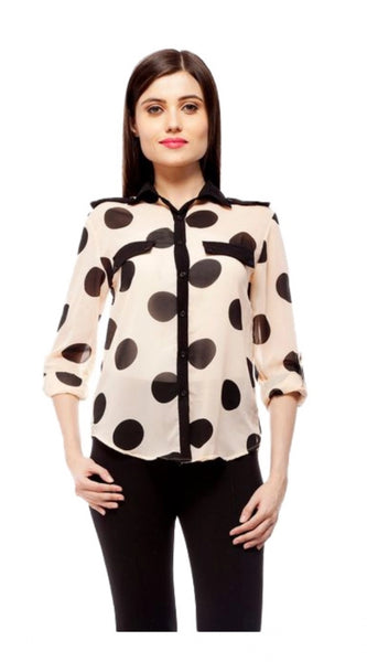 Mayawye Women's Polyester Polka Roll Up Sleeve Standard Length Shirt (Peach)