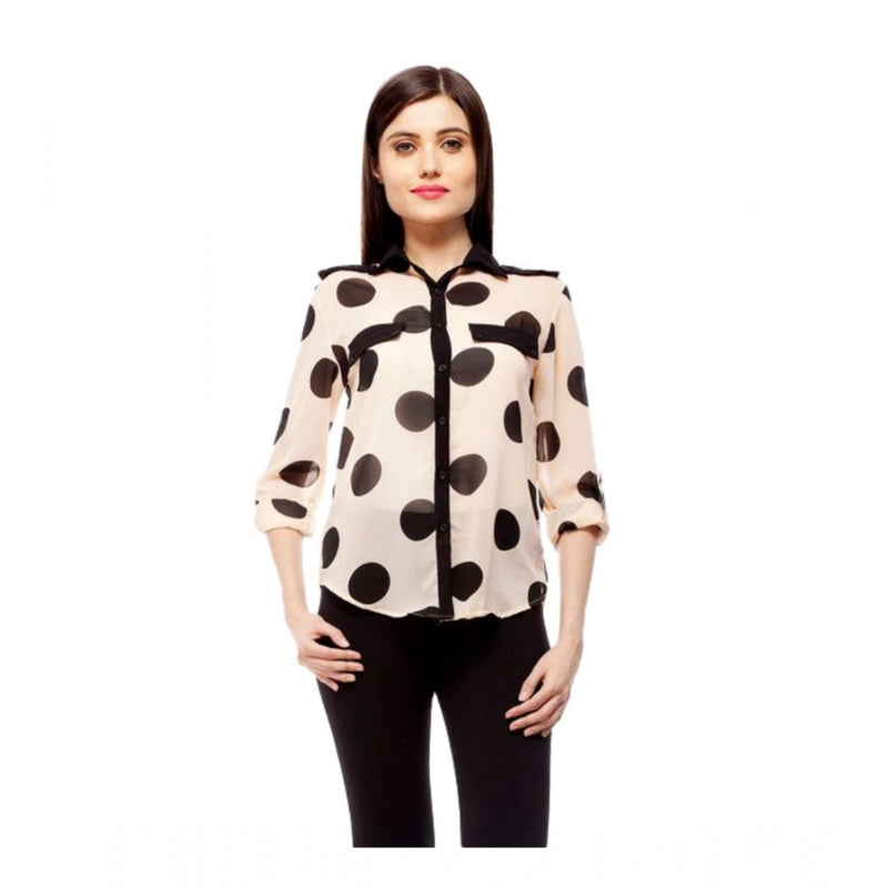 Mayawye Women's Polyester Polka Roll Up Sleeve Standard Length Shirt (Peach)