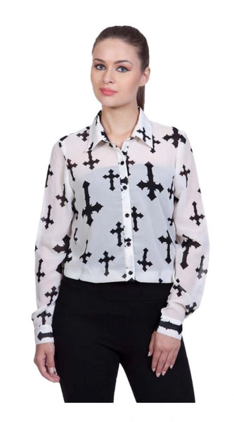 Mayawye Women's Polyester Printed Long Sleeves Standard Length Shirt (White)