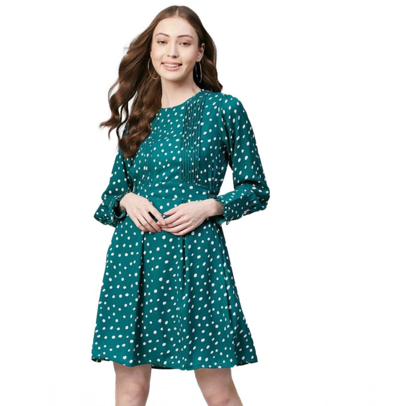 Mayawye Women's Polyester Polka Long Sleeves Above Knee Dress (Green - White)