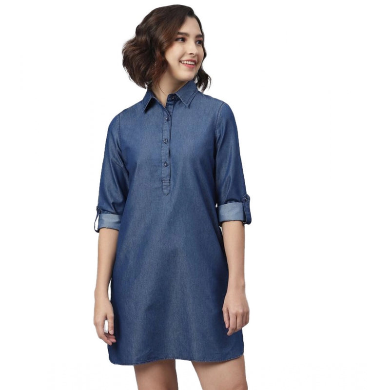Mayawye Women's Denim Solid Long Sleeves Above Knee Dress (Navy Blue)