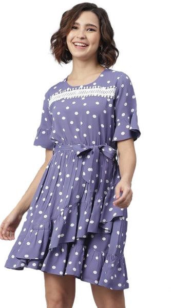 Mayawye Women's Polyester Polka Bell Sleeve Above Knee Dress (Lavender)