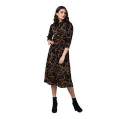 Mayawye Women's Polyester Chain Print Roll Up Sleeve Below Knee Dress (Black - Yellow)