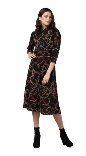 Mayawye Women's Polyester Chain Print Roll Up Sleeve Below Knee Dress (Black - Yellow)