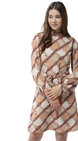 Mayawye Women's Polyester Checkered Long Sleeves Above Knee Dress (Off White - Brown)