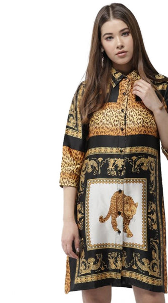 Mayawye Women's Satin Animal Print 3-4th Sleeves Above Knee Dress (White - Orange)