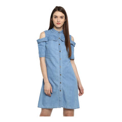 Mayawye Women's Denim Solid Cold Shoulder Above Knee Dress (Blue)