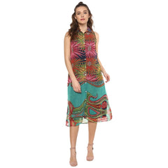Mayawye Women's Polyester Floral Sleeveless Below Knee Dress (Multicolor)