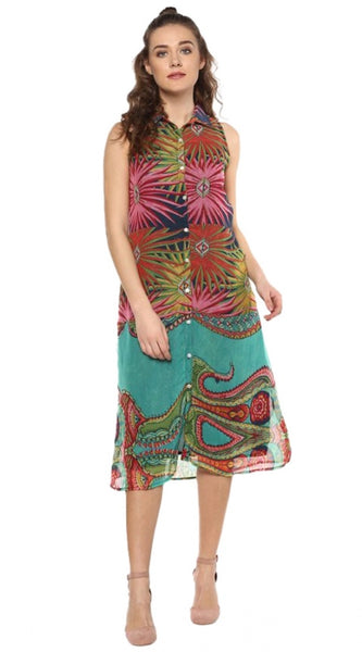 Mayawye Women's Polyester Floral Sleeveless Below Knee Dress (Multicolor)