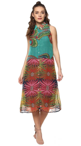 Mayawye Women's Polyester Floral Sleeveless Below Knee Dress (Multicolor)