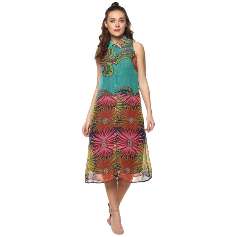 Mayawye Women's Polyester Floral Sleeveless Below Knee Dress (Multicolor)