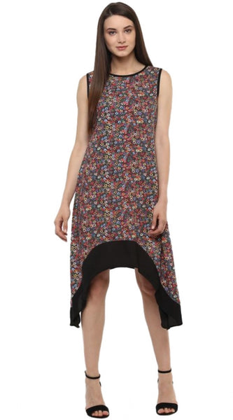 Mayawye Women's Polyester Printed Sleeveless Knee-Length Dress (Multicolor)