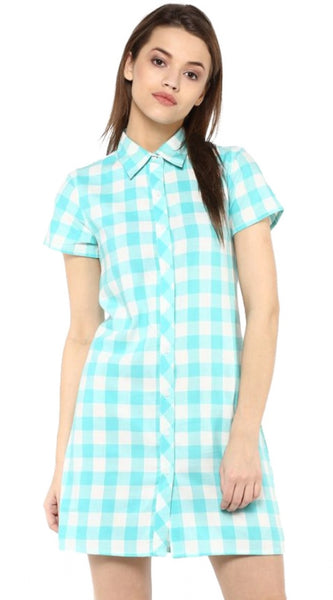 Mayawye Women's Rayon Checkered Short Sleeve Above Knee Dress (SkuBlue - White)
