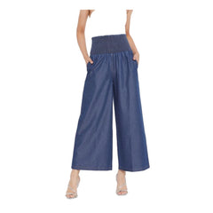 Mayawye Women's Denim Solid Smocked Trousers (Navy Blue)
