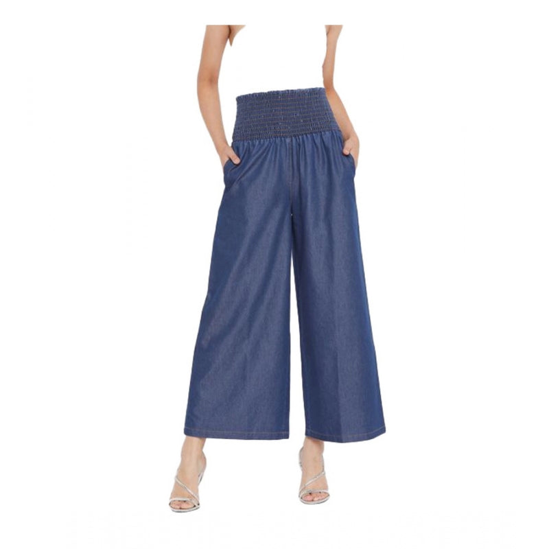 Mayawye Women's Denim Solid Smocked Trousers (Navy Blue)