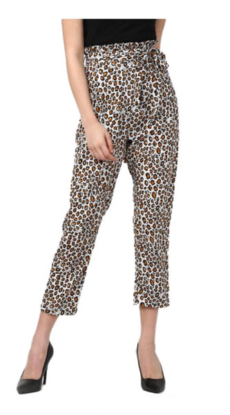 Mayawye Women's Polyester Animal Print Elasticated Trousers (White - Yellow)