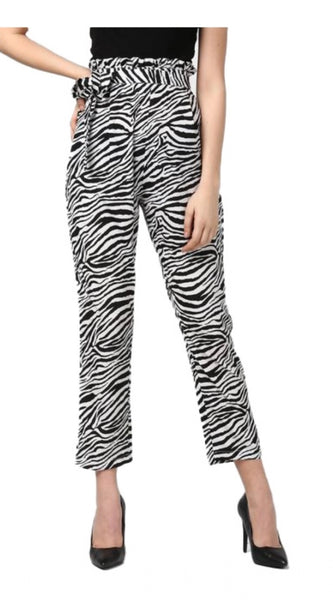 Mayawye Women's Polyester Animal Print Elasticated Trousers (Black - White)