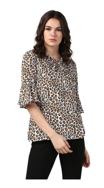 Mayawye Women's Polyester Animal Print Bell Sleeve Top (Orange - Black)