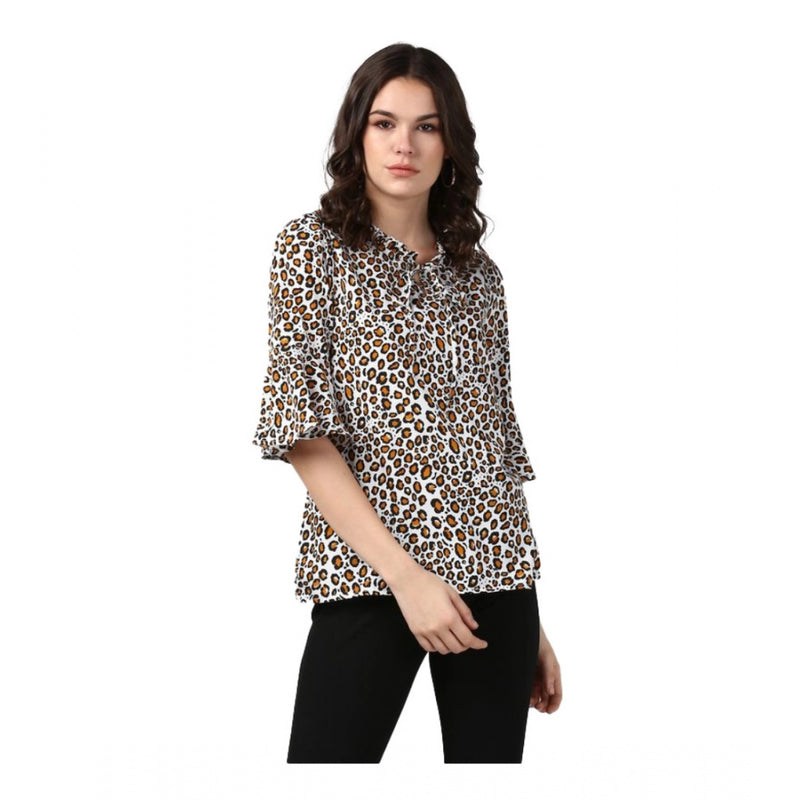 Mayawye Women's Polyester Animal Print Bell Sleeve Top (Orange - Black)