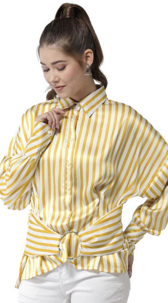 Mayawye Women's Polyester Striped Long Sleeves Top (Yellow)