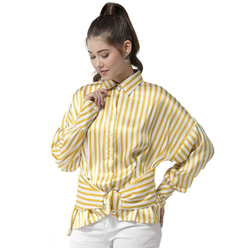 Mayawye Women's Polyester Striped Long Sleeves Top (Yellow)