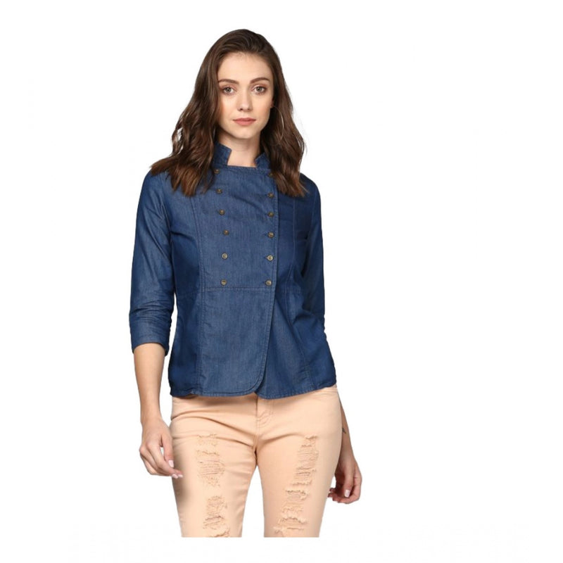 Mayawye Women's Denim Solid 3-4th Sleeves Top (Blue)
