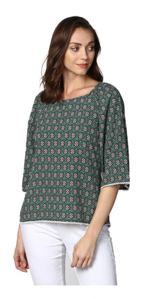 Mayawye Women's Polyester Printed 3-4th Sleeves Top (Green)