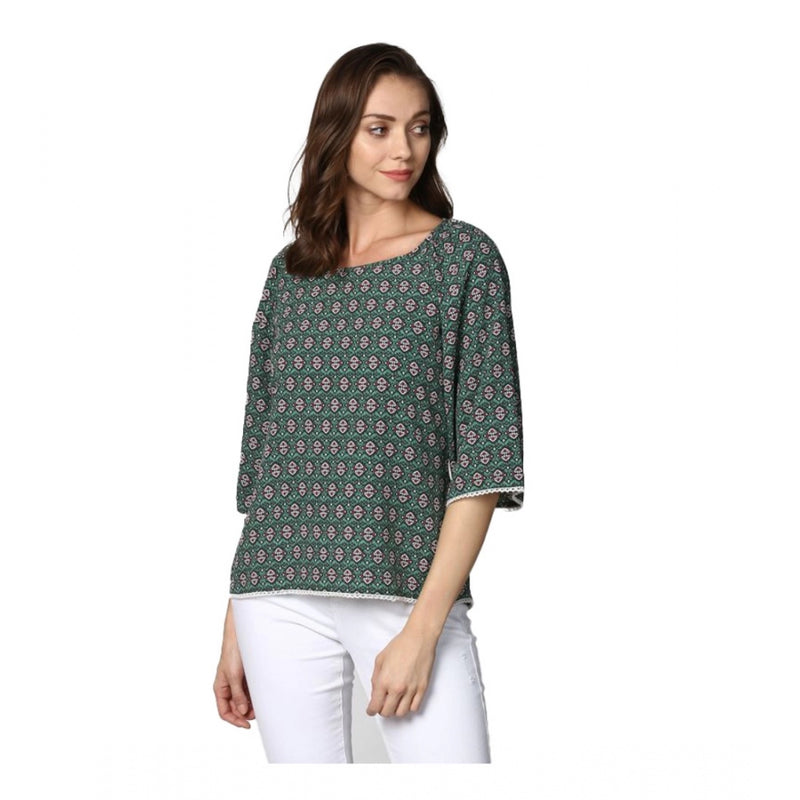 Mayawye Women's Polyester Printed 3-4th Sleeves Top (Green)