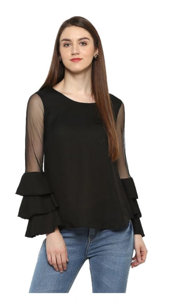 Mayawye Women's Polyester Solid Tier Sleeve Top (Black)
