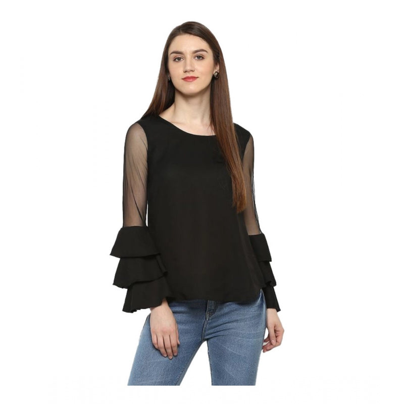 Mayawye Women's Polyester Solid Tier Sleeve Top (Black)