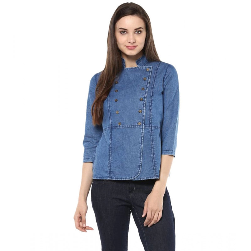 Mayawye Women's Denim Solid 3-4th Sleeves Regular Top (Blue)