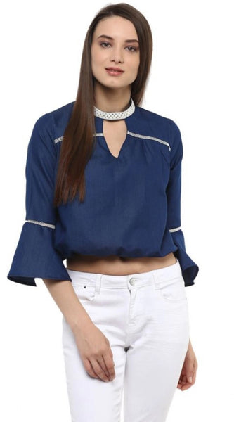 Mayawye Women's Polyester Solid Bell Sleeve Regular Top (Blue)