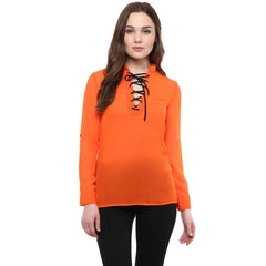 Mayawye Women's Polyester Solid Long Sleeves Regular Top (Orange)